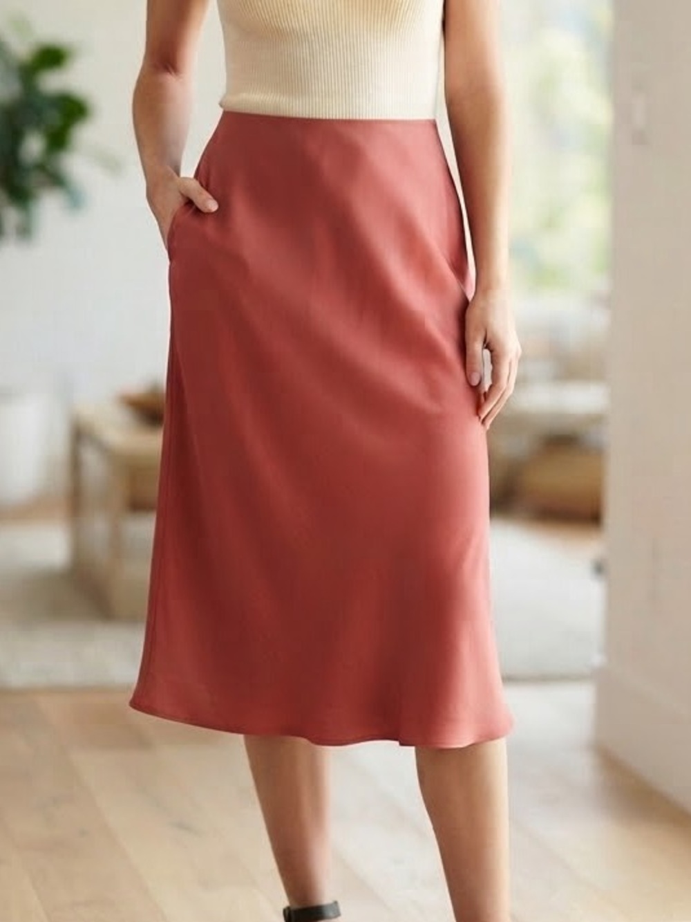 a new day Satin Midi Skirt in Rosewood